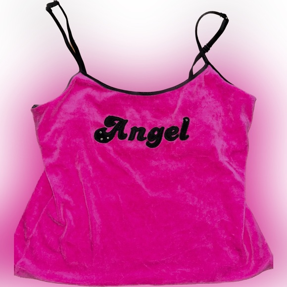 y2k 2000s velvet pink and black rhinestone “Angel” tank top ! size l - Picture 1 of 2